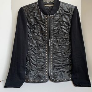 Peter Nygard leather & stretch knit ruched studded jacket size Medium